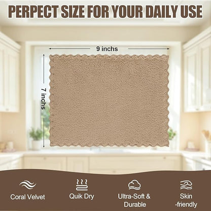 Kitinjoy 24 Pack Kitchen Dish Cloths, Super Soft and Absorbent Dish Cloths, Coral Velvet Microfiber Cleaning Cloth (7" x 9", Tan/Sky Blue/Navy Blue/Brown/Grass Green/Purple)