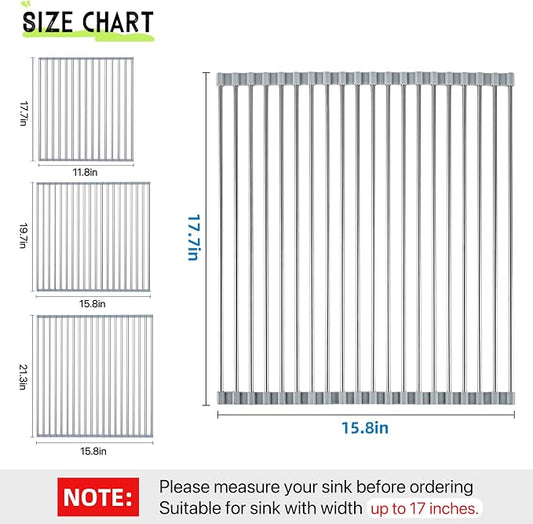 Roll Up Dish Drying Rack 17.7" x 15.8" Over The Sink Dish Drying Rack, Kitchen Dish Rack Stainless Steel Dish Drying Rack for Kitchen Sink Counter Storage (Grey)