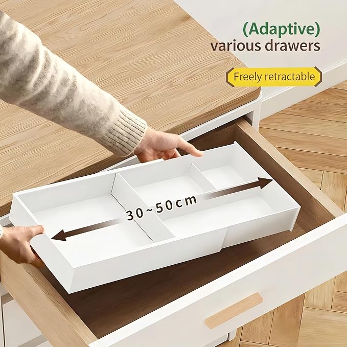 Expandable Kitchen Drawer Organizer, Telescoping Cutlery Tray, White Adjustable Storage Box with Multiple Compartments for Utensils, Silverware, and Kitchen Tools
