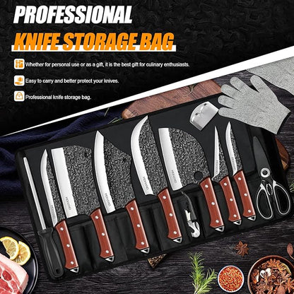 MDHAND Butcher Knife Set, Hand Forged Professional Chef Knife Set with Roll Bag, Sharp Meat Cleaver Knife & Bone Chopper Knives & Fillet Knife for Home Kitchen & Camping BBQ, Gifts for Men Women