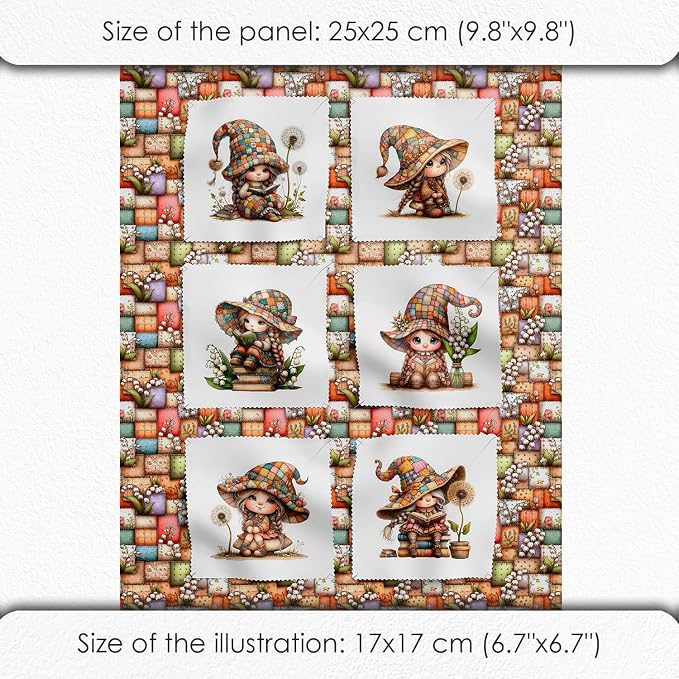 Patchwork Forest Girl Cotton Fabric Panel – Six 10×10 inch Designs + Bonus 29.5×19.6 inch Patchwork Sheet, 100% Turkish Cotton 140 GSM