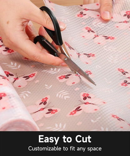 Reusable Non-Adhesive Drawer and Shelf Liner for Kitchen Cabinets - Waterproof Shelf Paper, Easy to Cut and Install - Suitable for Cabinets, Drawers, Shelves, and Desks(Pink Butterfly, 17.7"W x 197"L)