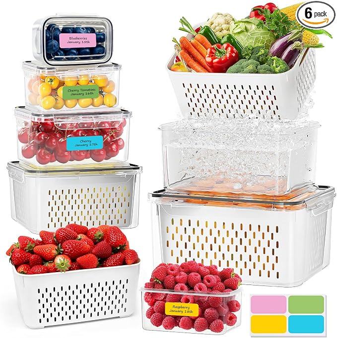 CAPHONT Fruit Containers for Fridge 6 Pcs 2-in-1 Large Fridge Food Storage Container Set with Lids with Strainer 6 Size Clear Vegetable Storage Containers Keep Fruits, Vegetables, Meat Fresh Longer