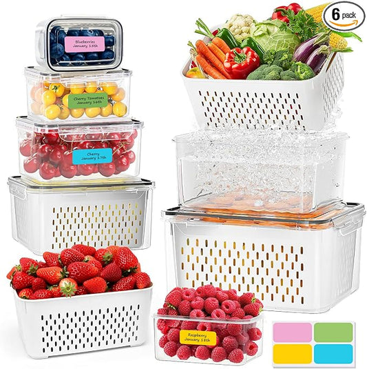 CAPHONT Fruit Containers for Fridge 6 Pcs 2-in-1 Large Fridge Food Storage Container Set with Lids with Strainer 6 Size Clear Vegetable Storage Containers Keep Fruits, Vegetables, Meat Fresh Longer