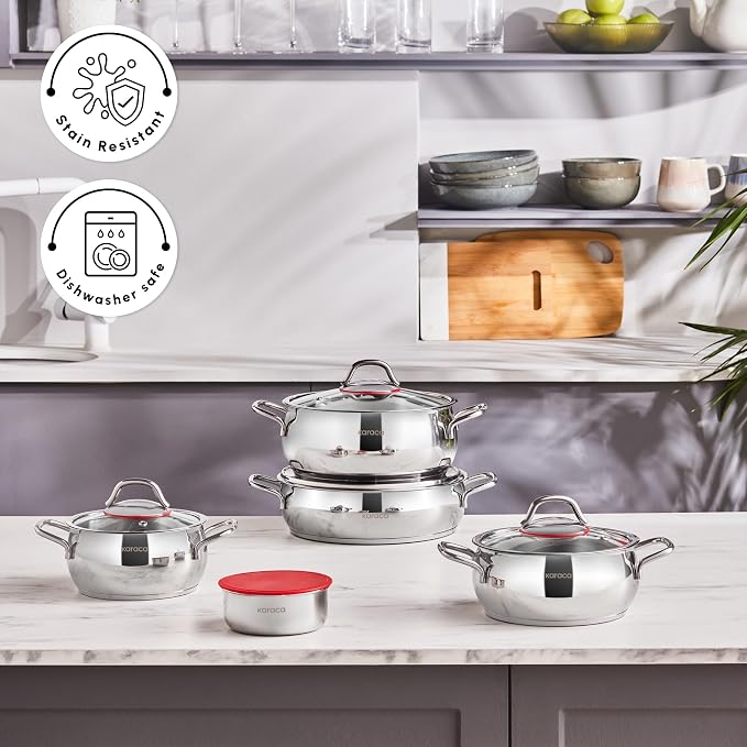 KARACA Stainless Steel Cookware Emirgan XL Set of 10 Piece, Pot, Deep Pot, Casserole, Container with Lid, Easy to Use Stylish Handles, Heat Resistant Cover, Essential Kitchen Accessory