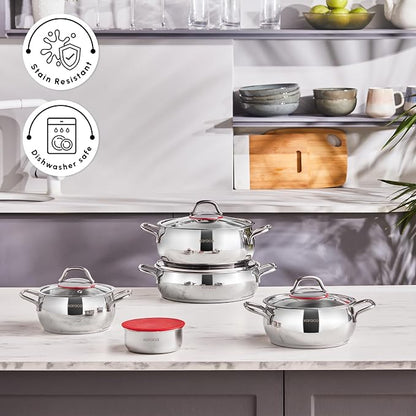 KARACA Stainless Steel Cookware Emirgan XL Set of 10 Piece, Pot, Deep Pot, Casserole, Container with Lid, Easy to Use Stylish Handles, Heat Resistant Cover, Essential Kitchen Accessory