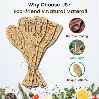 CUTHOLLOW 6PCS Strawberries and Flowers Wooden Kitchen Cooking Utensil Set, 11.9in Non Toxic Bamboo Wood Spoon Set for Cooking, Best Housewarming Birthday Thanksgiving Christmas Gift for Women Mother