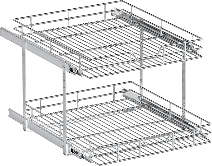 2-Tier Pull Out Cabinet Organizer, 19.5" W x 21.5" D, Heavy Duty Dual Slide Out Shelves for Base Cabinets, Chrome Wire Basket Drawer for Pantry, Kitchen & Bathroom Storage