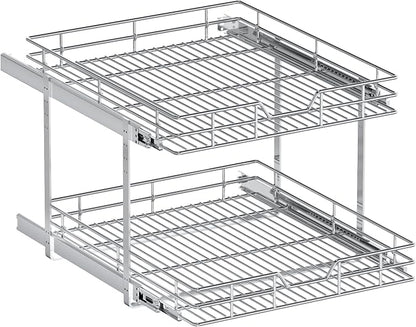 2-Tier Pull Out Cabinet Organizer, 19.5" W x 21.5" D, Heavy Duty Dual Slide Out Shelves for Base Cabinets, Chrome Wire Basket Drawer for Pantry, Kitchen & Bathroom Storage