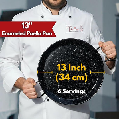Paelluxe Paella Pan – Enamelled, No-Rust Steel Skillet – Easy-to-Clean Pan for Propane & Gas Burners – Indoor & Outdoor Cooking Cacerola Paellera Sarten – 13 Inch, for 6 Servings