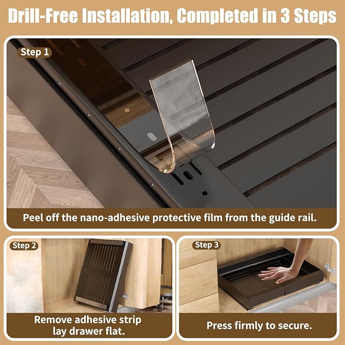 Pull Out Cabinet Organizer, Width Expandable (11.7"-19.7") Heavy Duty Slide Out Drawers Fixed with Adhesive Nano Film for Pots, Roll Out Shelf Storage For Kitchen,Pantry,Garage,Bathroom Storage