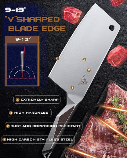 7" Meat Cleaver Knife, Full Tang High-Carbon Stainless Steel Kitchen Cleaver for Chopping Meat, Pork, and Bones, Ergonomic Metal Handle, Professional Chef Butcher Knife