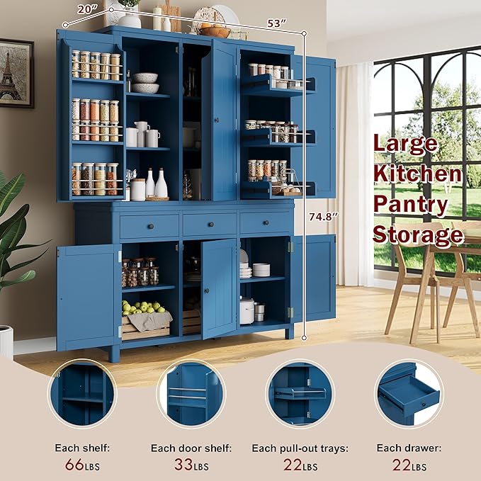 74.8''H High Freestanding Kitchen Pantry, Wooden Kitchen Organizers Cupboard Storage Cabinet with Door Shelves, Adjustable Shelves, Pull-out Trays and Drawers for Dining Room Living Room (Blue-2.12)