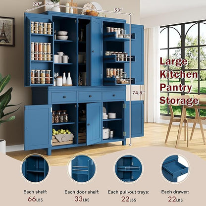 74.8''H High Freestanding Kitchen Pantry, Wooden Kitchen Organizers Cupboard Storage Cabinet with Door Shelves, Adjustable Shelves, Pull-out Trays and Drawers for Dining Room Living Room (Blue-2.12)