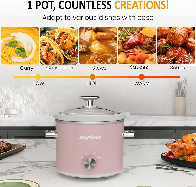 Sunvivi 2 Quart Slow Cooker, Small Slow Cooker with Removable Ceramic Pot, Food Warmer with 3 Heating Settings & Dishwasher Safe Glass Lid, Pink