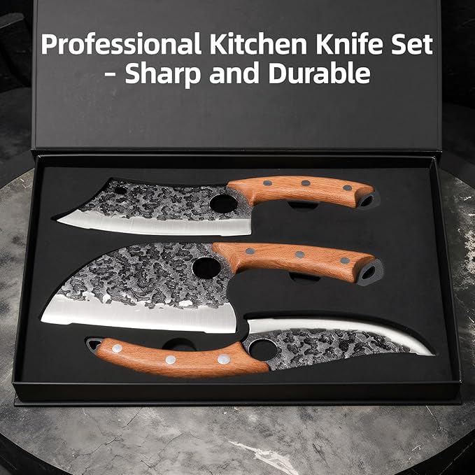 Fathers Day Gift for Men Dad, 3PCS Butcher Knife Set, Hand Forged Serbian Chef Knives & Meat Cleaver & Viking Knives, Meat Cutting Kitchen Knife Set for Home, Outdoor Cooking, Camping BBQ