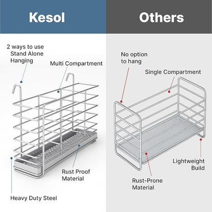 KESOL 304 Stainless Steel Utensil Drying Rack with Hooks & 3 Divided Compartments, Silverware Drying Basket, Spoon and Fork Organizer, Rustproof Kitchen Drainage Basket Accessories, Silver, 2x8.7x5