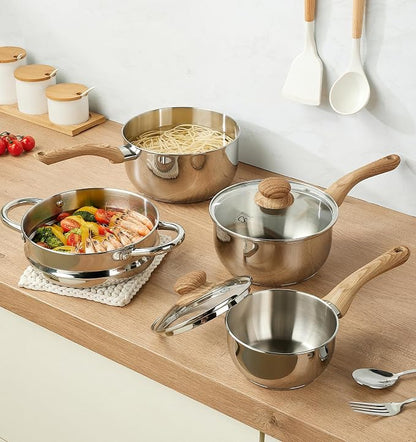 KOCH SYSTEME CS Stainless Steel Saucepan Set with Steamer, 18/10 Stainless Steel Pots 1QT& 2QT & 3QT, Sauce Pan Set with Cool-Touch Handles, Tri-Ply Steel Base, Induction Compatible Pots