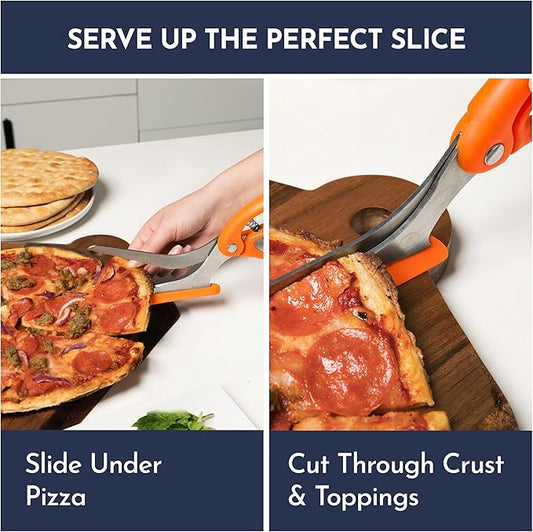 Orange Pizza Scissors - Non-Stick Pizza Scissors with Firm Grip Base - Food Grade Stainless Steel Pizza Cutter - 5-in-1 Food Slicer & Pizza Server - Durable, Safe & Mess Free