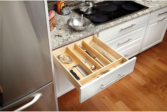 Rev-A-Shelf Trim-to-Custom-Fit Silverware Drawer Organizer For Kitchen Utensils, Cutlery Cabinet Storage Divider Insert, 23.98 x 21.97 In, Maple Wood, 4WUT-3