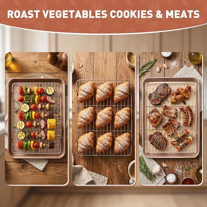 2-Pack Baking Sheets with Wire Cooling Racks | 17.5"x11.8" Heavy Duty Nonstick Carbon Steel Half Sheet Pans | Oven-Safe Crisper Tray Set for Roasting Bacon & Cooling Cookies
