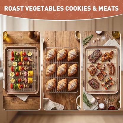 2-Pack Baking Sheets with Wire Cooling Racks | 17.5"x11.8" Heavy Duty Nonstick Carbon Steel Half Sheet Pans | Oven-Safe Crisper Tray Set for Roasting Bacon & Cooling Cookies