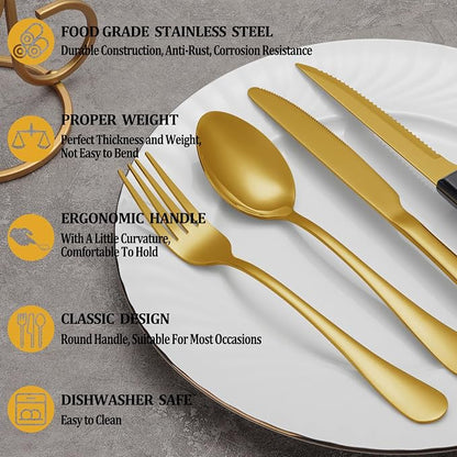 48 Pcs Gold Silverware Set with Steak Knives, Stainless Steel Flatware Cutlery Set Service for 8, Kitchen Tableware Sets, Utensil Sets for Home and Restaurant, Knives Forks Spoon, Dishwasher Safe