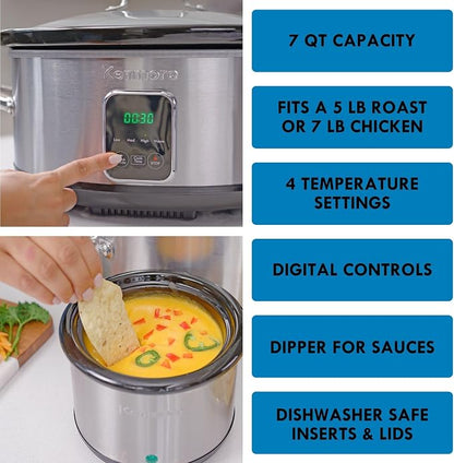 Kenmore Programmable 7 qt (6.6L) Slow Cooker with Dipper Sauce-Warmer, Black and Silver, Stainless Steel, Digital Display, One-Touch Controls, Braise, Simmer, Sous Vide, Stew, Soup, Chili, Curry