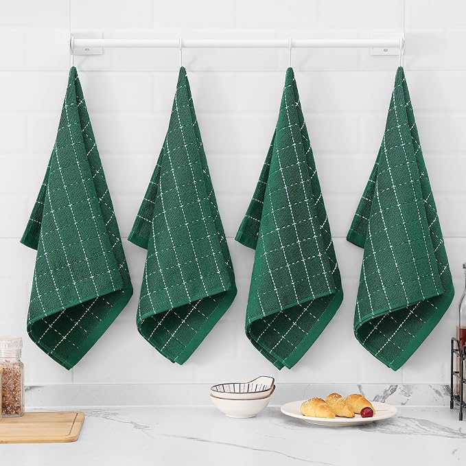 Mordimy 100% Cotton Terry Cloth Kitchen Towels, Super Soft and Absorbent Dish Towels for Drying, Checkered Designed Hand Towels for Kitchen, 13 x 28 Inches, 4 Pack, Dark Green