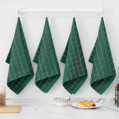 Mordimy 100% Cotton Terry Cloth Kitchen Towels, Super Soft and Absorbent Dish Towels for Drying, Checkered Designed Hand Towels for Kitchen, 13 x 28 Inches, 4 Pack, Dark Green