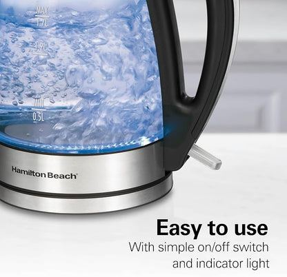 Hamilton Beach 1.7L Electric Kettle, Water Boiler & Heater, LED Indicator, Built-In Mesh Filter, Auto-Shutoff & Boil-Dry Protection, Cordless Serving, Clear Glass (40864)