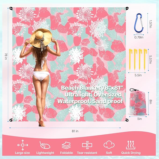 EASYFUN Beach Blanket Sandproof Oversized, 79''×83'' Extra Large Beach Mat, Portable Picnic Mat for Travel Camping Hiking, Lightweight Beach Essentials Family Water Resistant Mat