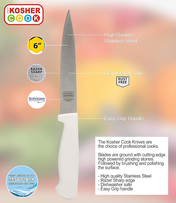 The Kosher Cook White Kitchen Knife – 6” Steak and Vegetable Knife - Razor Sharp Pointed Tip, Straight Edge - Color Coded Kitchen Tools
