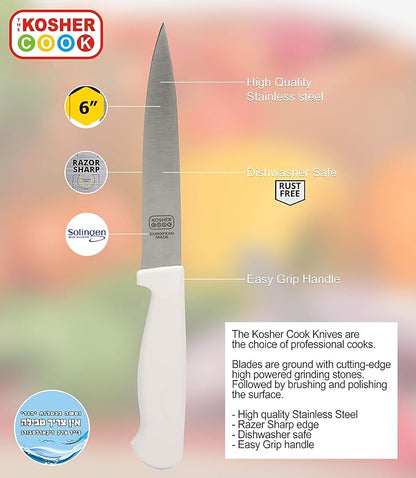 The Kosher Cook White Kitchen Knife – 6” Steak and Vegetable Knife - Razor Sharp Pointed Tip, Straight Edge - Color Coded Kitchen Tools