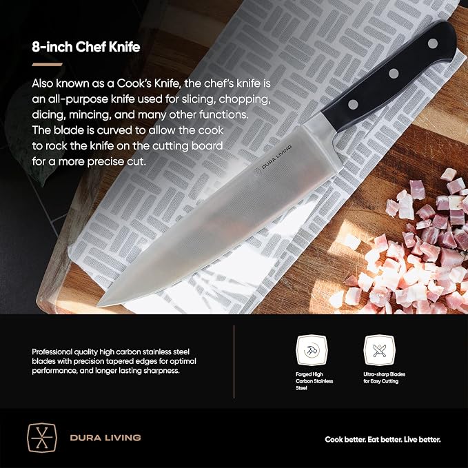 DURA LIVING 3-Piece Kitchen Knife Set – Ultra-Sharp Forged High Carbon Stainless Steel, Includes 8" Chef, 5" Utility, 3.5" Paring Knives, Ergonomic Handles, Professional Starter Set, Black