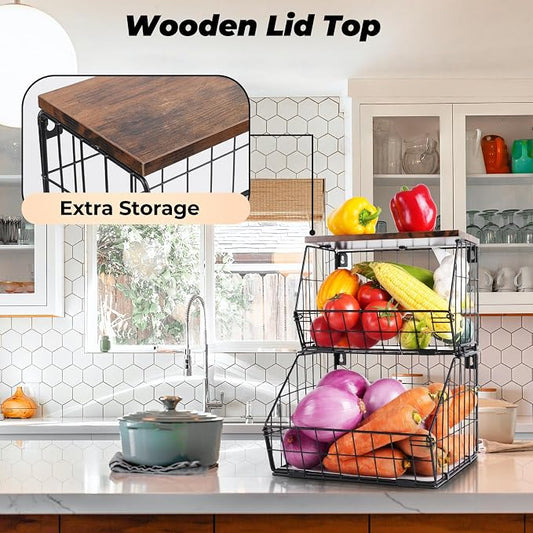 Wawocs 2 Tier Stackable Wall Mounted Hanging Basket, Fruit Basket for Kitchen Counter, Storage Bin with Wood Lid, Onion Storage, Fruit and Vegetable Storage, Countertop Organizer
