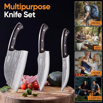 3PCS Meat Cleaver Knife Set - Serbian Chef Knife, Hand Forged Butcher Knife Boning Knife Meat Cutting Knives for Kitchen Camping BBQ