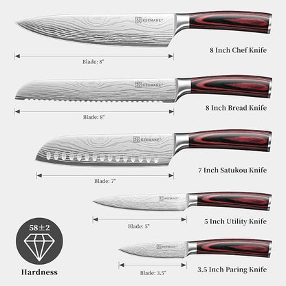 KEEMAKE Knife Set 5 Pieces, Professional Kitchen Knife Set, High Carbon Stainless Steel Chef Knife Set, Ultra Sharp Blade Knives Set for Kitchen with Ergonomic Pakkawood Handle & Gift Box