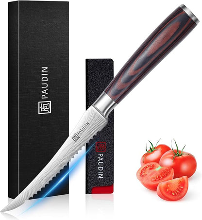PAUDIN Tomato Knife, 5 inch Serrated Tomato Knives with Sheath, High Carbon Stainless Steel Tomato Slicer Knife for Smooth Cutting Slicing Vegetables and Fruits