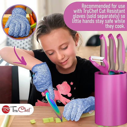 TruChef 5-Piece Kids Knife Set for Real Cooking | Stainless Steel Chef, Paring & Serrated Knives with Peeler & Holder | Safe Junior Chef Cooking Set for Kids (5 pcs, Pink)