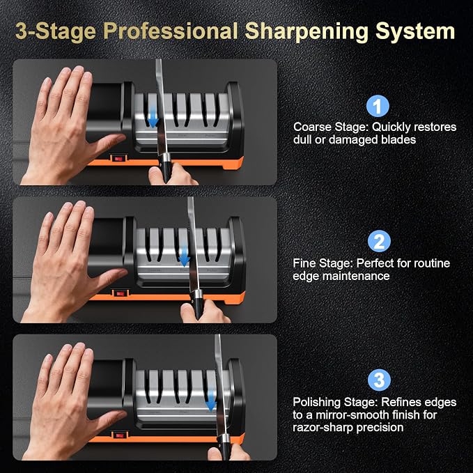 2026 New Electric Knife Sharpener for Kitchen Knives, with 100% Diamond Abrasives and Precision Angle Guides, 3-Stage Professional Automatic Quickly Sharpening/Polishing, Black/Orange
