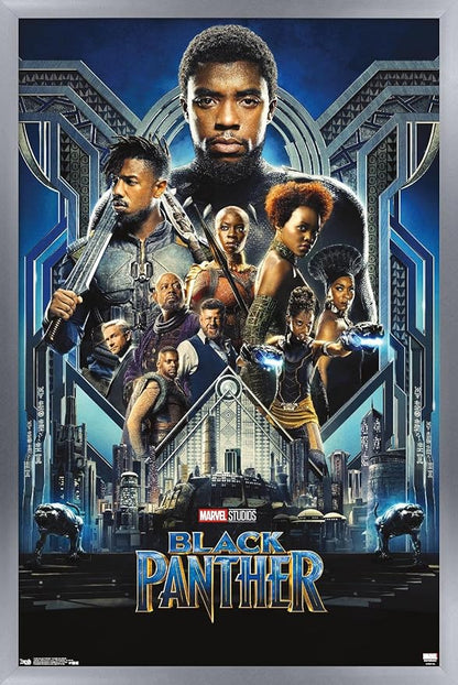 Trends International Marvel Cinematic Universe - Black Panther - Group One Sheet Wall Poster, 14.725" x 22.375", Silver Framed Version