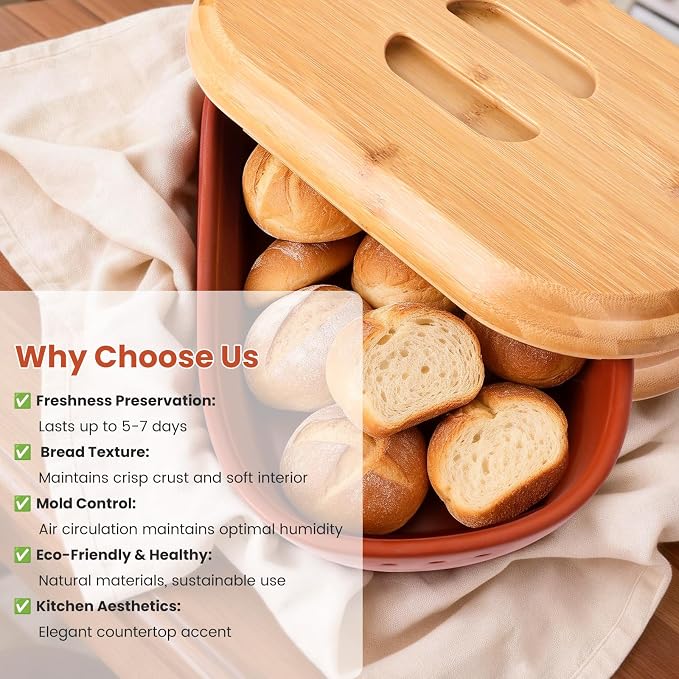 Terracotta Bread Saver Box with Gift Box, Internal 9.8"x5.1"x3.9" Small Bread Bin with Natural Bamboo Lid,Food-Safe Glazed Interior, for Small Artisan Sourdough, Housewarming & Wedding Gift