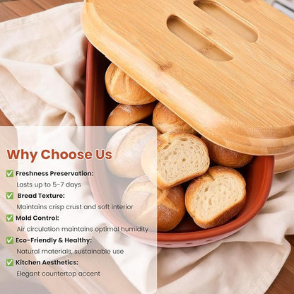 Terracotta Bread Saver Box with Gift Box, Internal 9.8"x5.1"x3.9" Small Bread Bin with Natural Bamboo Lid,Food-Safe Glazed Interior, for Small Artisan Sourdough, Housewarming & Wedding Gift