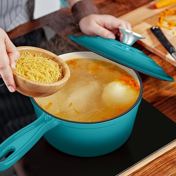 1 Quart Cast Iron Saucepan, Leonyo Enameled Sauce Pan with Lid, Enamel Cast Iron Dutch Oven Cooking Stock Pots and Pan Set Kitchen Cookware Appliances for All Cooktops - Up to 500°F, Lake Green