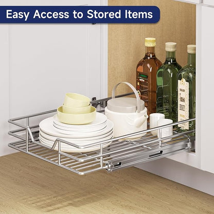 Pull Out Cabinet Organizer, 14.5" W x 21.5" D, Heavy Duty Chrome Slide Out Shelf for Base Cabinets, Sliding Wire Basket Drawer for Pantry Items, Bowls, Containers & Cleaning Supplies