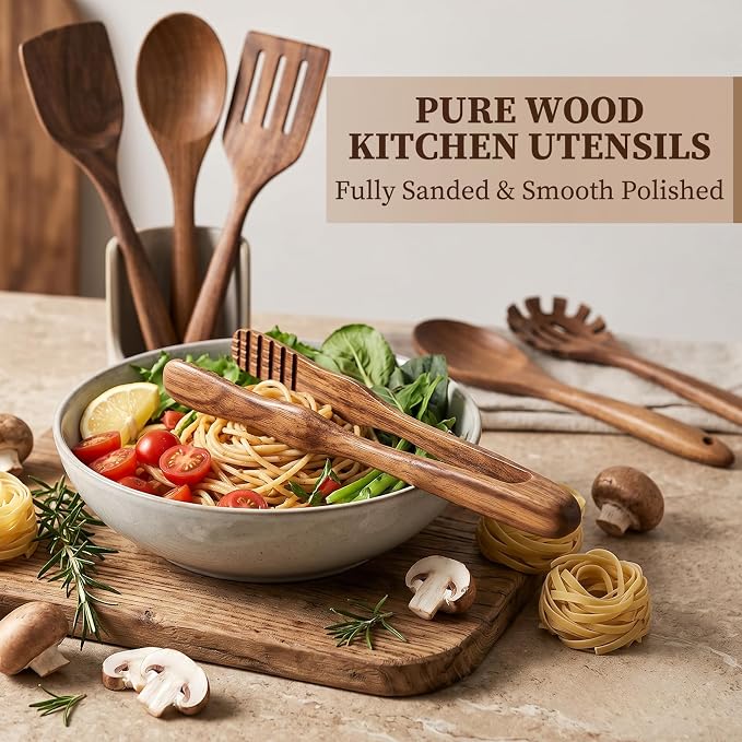 8 Pcs Wooden Kitchen Utensils Set, Natural Acacia Wood Utensils Set for Cooking, Durable Easy Clean Wooden Utensil Set with Acacia Wooden Spatulas and Spoons for Nonstick Cookware