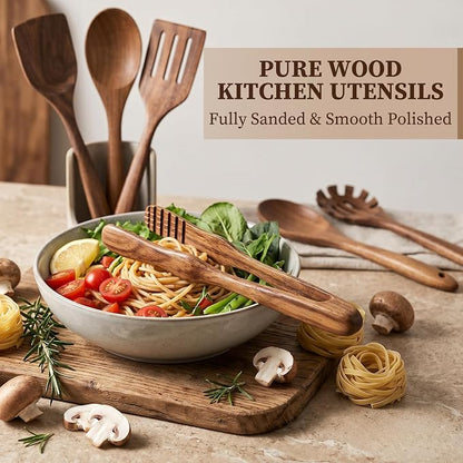 8 Pcs Wooden Kitchen Utensils Set, Natural Acacia Wood Utensils Set for Cooking, Durable Easy Clean Wooden Utensil Set with Acacia Wooden Spatulas and Spoons for Nonstick Cookware
