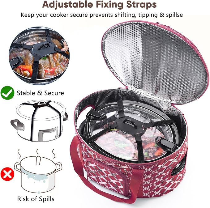 BAGSPRITE Double-layer Slow Cooker Carrying Case for Crock Pot 6-8 Quart, Insulated Crockpot Carrier with Adjustable Lid Straps,Portable Slow Cooker Travel Bag for Potluck, Parties, Family Gatherings