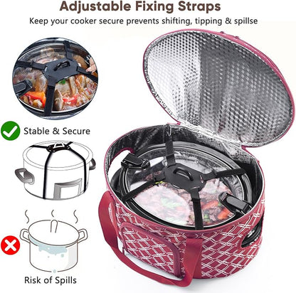 BAGSPRITE Double-layer Slow Cooker Carrying Case for Crock Pot 6-8 Quart, Insulated Crockpot Carrier with Adjustable Lid Straps,Portable Slow Cooker Travel Bag for Potluck, Parties, Family Gatherings